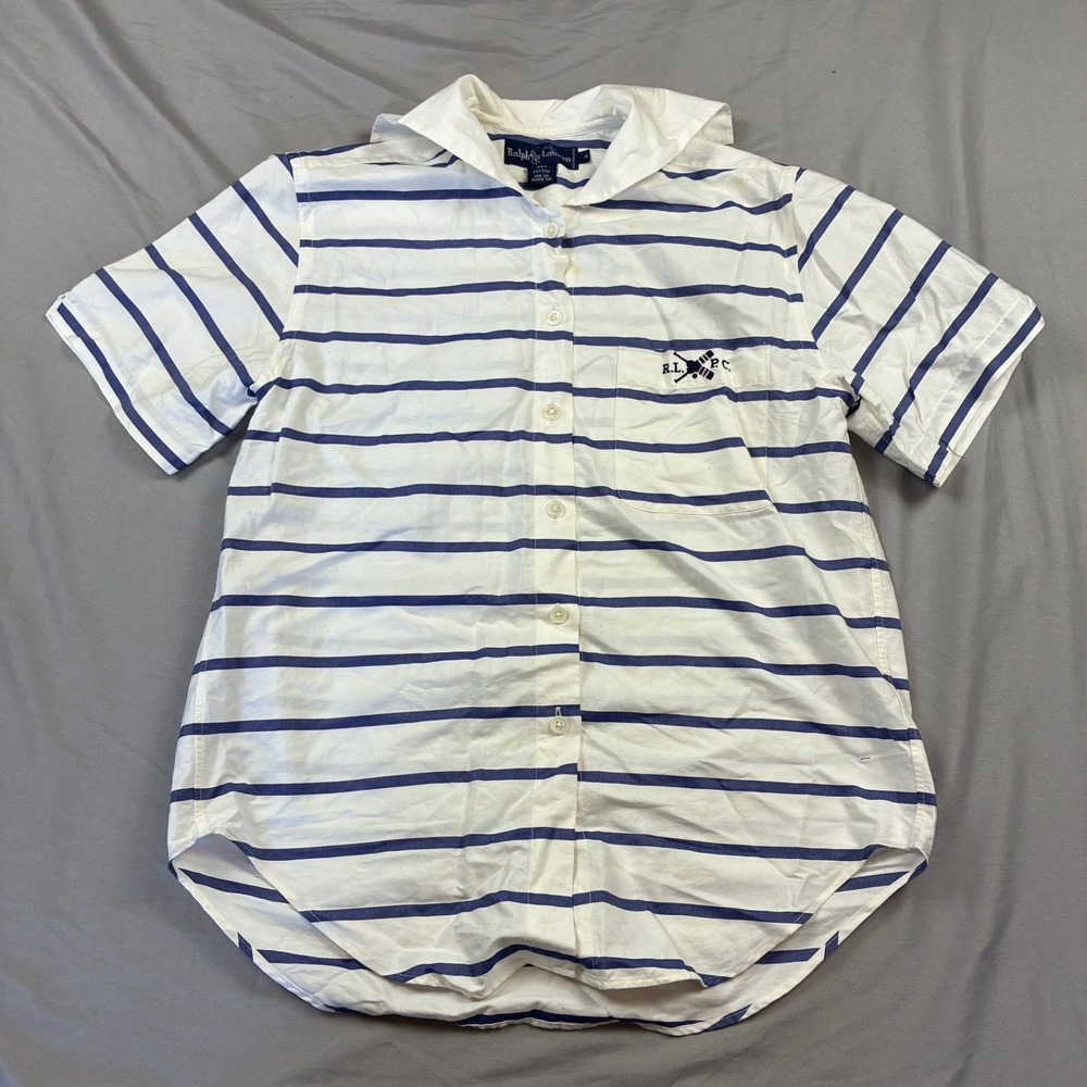 Ralph Lauren Button Up Women 4 White Blue Striped Peter Pan Collar RLPC Sailing